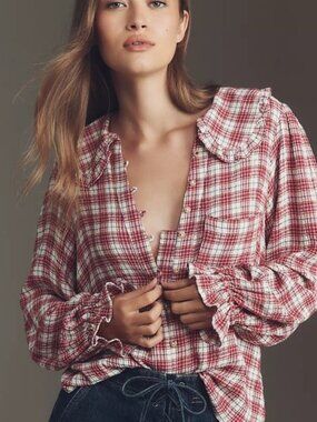 Pilcro Anthropologie The Keira Blouse Button Long Sleeve Texture Plaid Pink